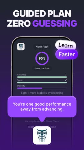 Note Path screen with stats and Owlfred mascot providing encouragement