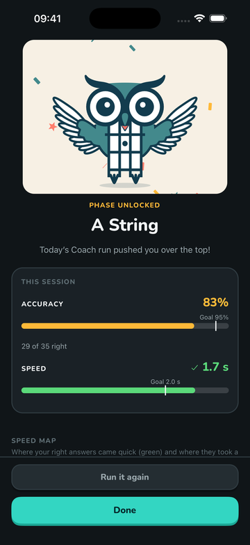 FretGenius fretboard trainer session summary with accuracy, pace, improvement, and speed map