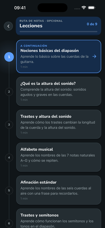 Lecciones cortas sobre el diapasón de la guitarra en FretGenius