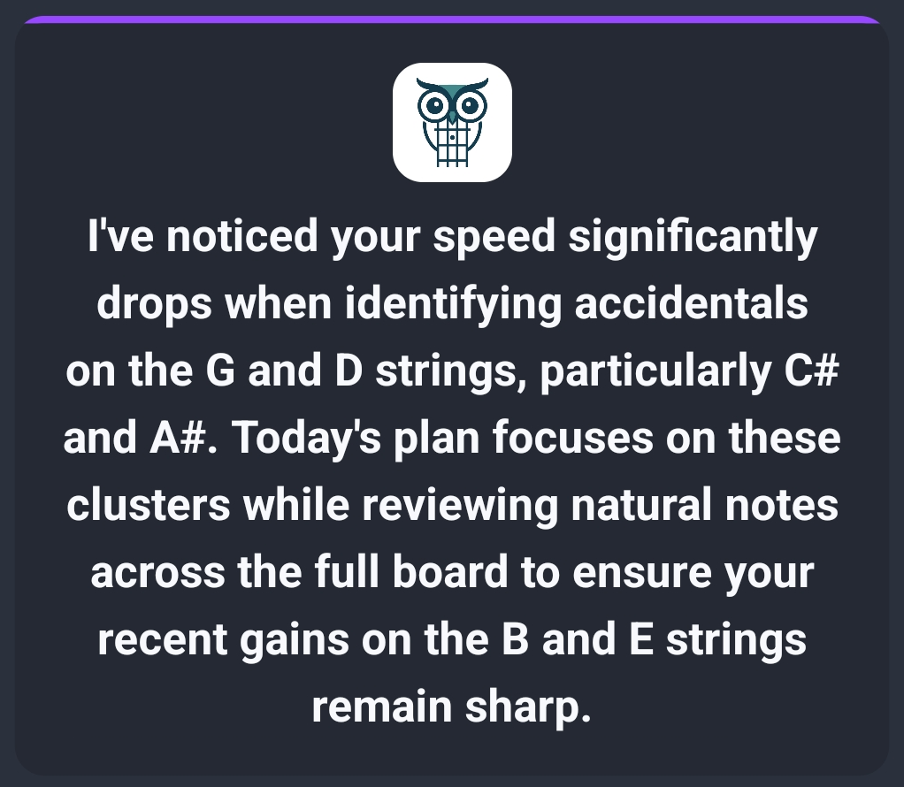 Daily Coach preview calling out weak accidental note clusters on the fretboard