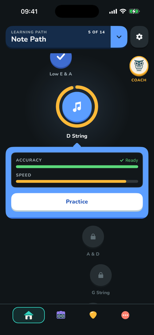 FretGenius guitar fretboard trainer showing the guided Note Path
