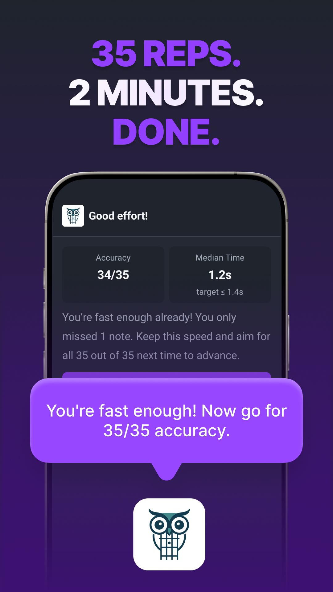 Session summary showing 34/35 correct and 1.2s average with Owlfred feedback