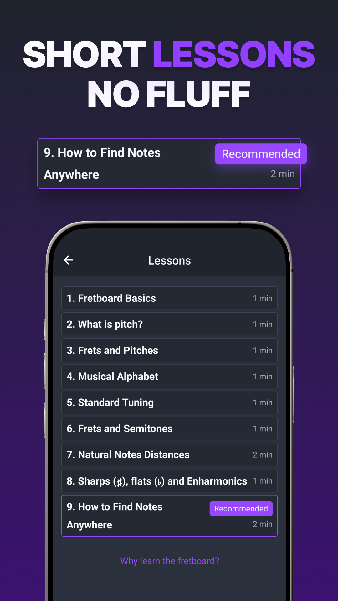 Lessons screen showing recommended lessons with badges
