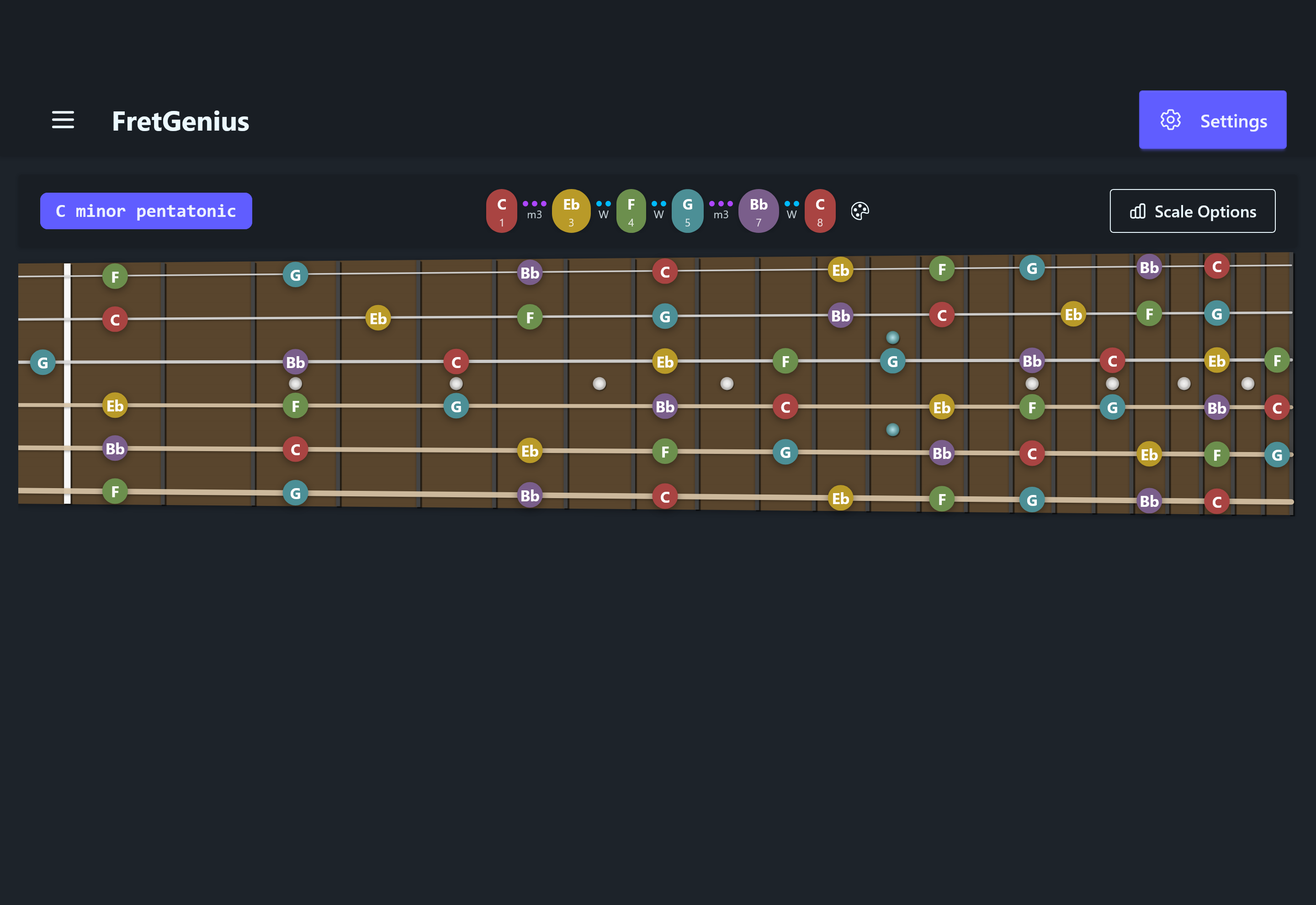 FretGenius Scale Visualizer showing notes on a fretboard in a web browser view (landscape orientation)